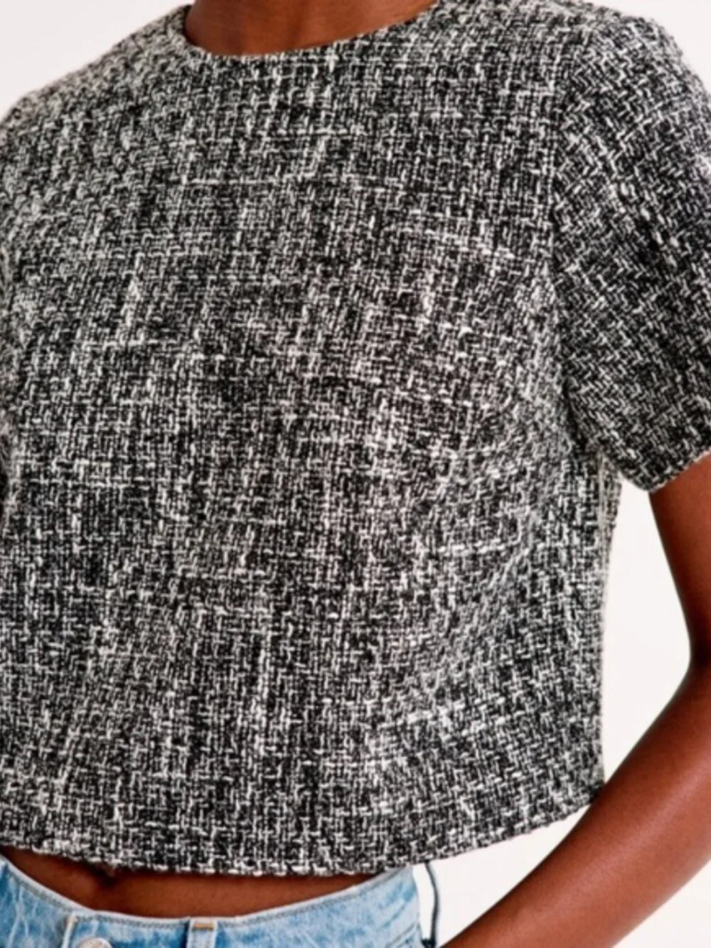 Abercrombie & Fitch Womens XS Tweed Woven Tee Top Black White Cropped Boxy Lined - Picture 4 of 14